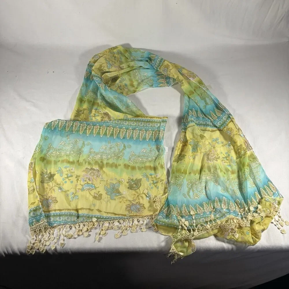 Floral Scarf Fringe Trim Woven Gold Teal Brown Lightweight Pashmina Wrap